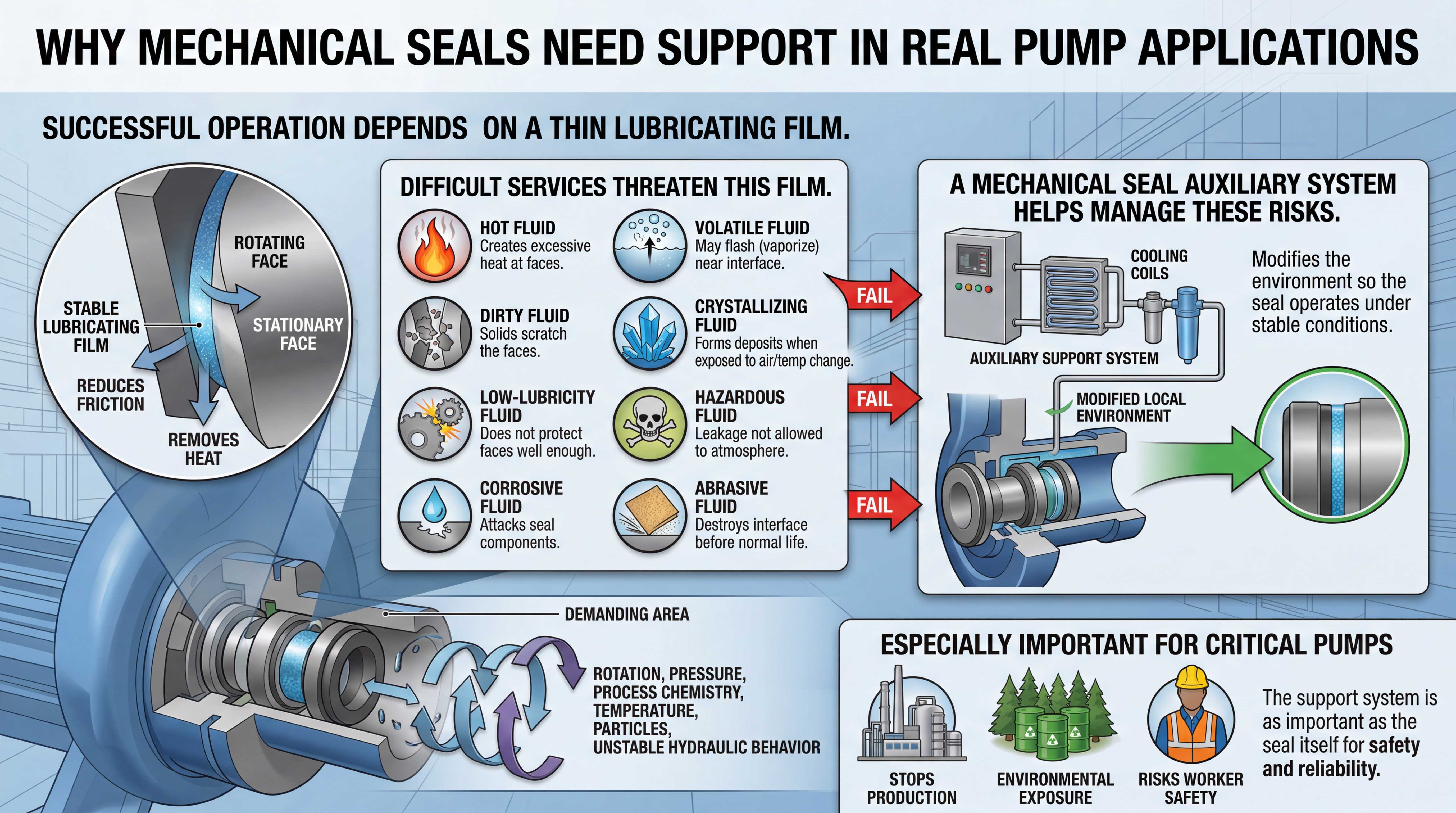 Mechanical seal support system in real pump applications showing lubricating film protection for hot volatile dirty crystallizing hazardous and abrasive fluids